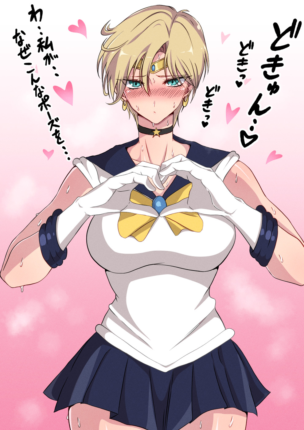 1girl bangs bishoujo_senshi_sailor_moon blonde_hair blush breasts choker commentary earrings gloves gradient gradient_background green_eyes heart heart_hands highres jewelry large_breasts looking_at_viewer messy_hair miniskirt pink_background sailor_collar sailor_uranus school_uniform serafuku short_hair simple_background skirt sleeveless steam sweat ten'ou_haruka tiara translation_request upper_body yu_ki_ruta60