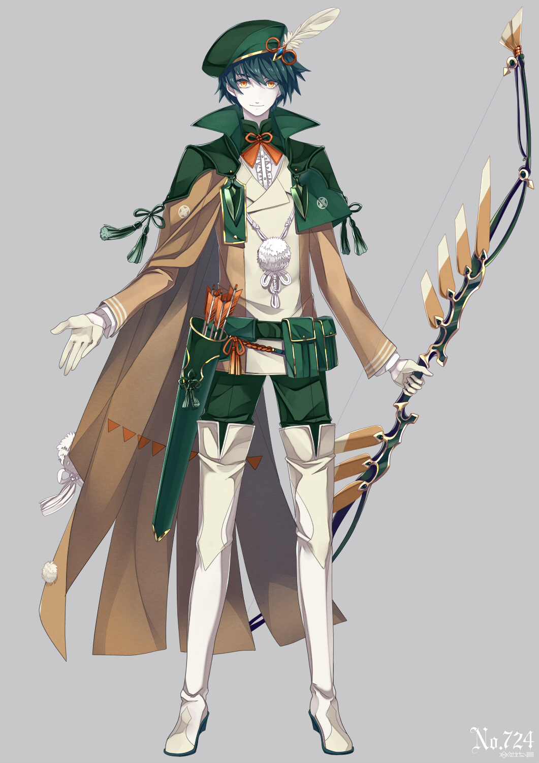 1boy armor arrow_(projectile) bangs belt beret boots bow_(weapon) brown_cape brown_shirt buttons cape capelet center_frills closed_mouth commentary_request decidueye frills full_body gloves green_capelet green_hair green_headwear green_pants grey_background half_gloves happy hat hat_feather high_collar highres holding holding_bow_(weapon) holding_weapon humanization kunai long_sleeves looking_at_viewer male_focus merlusa orange_eyes pale_skin pants pokemon pom_pom_(clothes) pouch quiver rope shiny shiny_hair shirt short_hair shoulder_armor sidelocks simple_background smile solo standing tassel thigh_boots undershirt weapon white_footwear white_shirt yellow_gloves