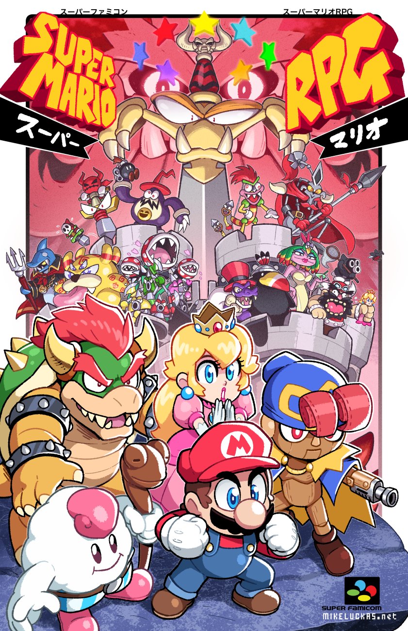 :d aero_(super_mario_rpg) arm_cannon axem_black axem_green axem_pink axem_red axem_yellow belome blue_eyes booster bowser bowyer brown_footwear castle character_doll croco_(super_mario_rpg) crown dodo_(super_mario_rpg) english_commentary everyone exor geno_(mario) hat highres holding holding_staff jonathan_jones mack mallow_(mario) mario mike_luckas overalls pink_footwear piranha_plant polearm princess_peach punchinello red_headwear shy_guy shyster smilax smile smithy snifit staff super_mario_rpg trident tusks valentina_(super_mario_rpg) weapon yaridovich