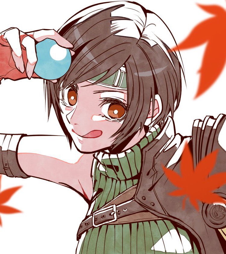 1girl armor bangs black_hair blurry blurry_foreground brown_eyes chest_strap falling_leaves final_fantasy final_fantasy_vii final_fantasy_vii_remake fingerless_gloves gloves green_shirt headband holding leaf looking_at_viewer materia nnnmmg0725 orange_gloves shirt short_hair shoulder_armor single_bare_shoulder sleeveless sleeveless_turtleneck smile solo tongue tongue_out turtleneck upper_body white_background yuffie_kisaragi