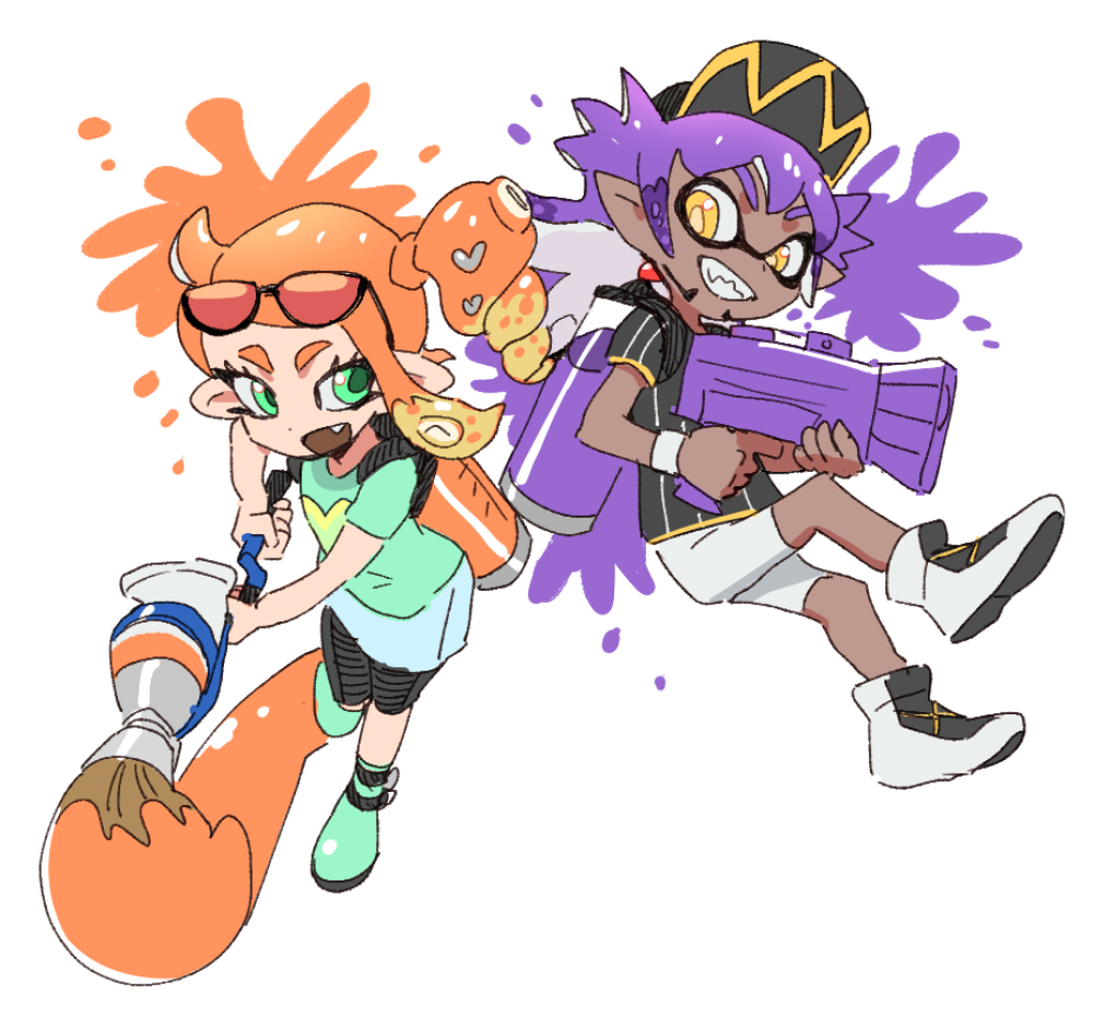 1boy 1girl aqua_eyes baseball_cap champion_uniform cosplay dark-skinned_male dark_skin dede_(qwea_00000) eyewear_on_head fang hat ink_tank_(splatoon) inkling inkling_boy inkling_girl leon_(pokemon) leon_(pokemon)_(cosplay) looking_at_another paint_splatter pointy_ears pokemon pokemon_(game) pokemon_swsh purple_hair side_ponytail smile sonia_(pokemon) sonia_(pokemon)_(cosplay) splatoon_(series) sunglasses tentacle_hair yellow_eyes