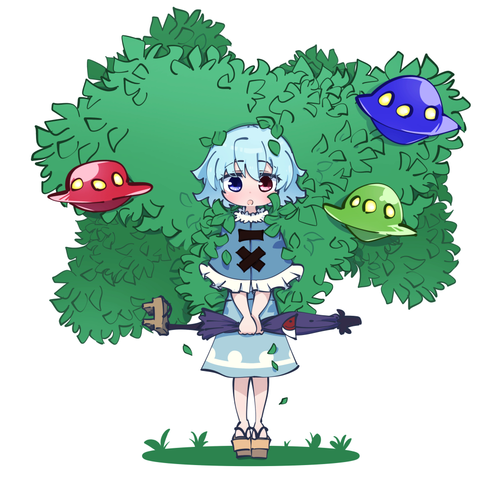 1girl :o blue_capelet blue_eyes blue_hair brown_footwear capelet cookie_(touhou) cross-laced_clothes full_body geta gram_9 heterochromia holding holding_umbrella karakasa_obake leaf looking_at_viewer mioto_(cookie) open_mouth purple_umbrella red_eyes short_hair simple_background solo standing tatara_kogasa touhou tree ufo umbrella v_arms white_background wild_and_horned_hermit