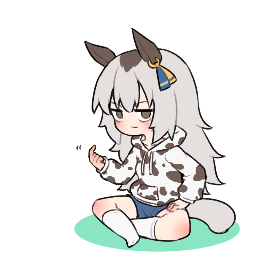 1girl animal_ears animal_print bangs beckoning blue_shorts brown_eyes brown_hair chibi colored_shadow commentary_request copyright_request cow_print drawstring full_body grey_hair hair_between_eyes hood hood_down hoodie kneehighs kuroshiro_gurei long_sleeves multicolored_hair no_shoes print_hoodie puffy_long_sleeves puffy_sleeves shadow short_shorts shorts simple_background sitting sleeves_past_wrists socks solo tail two-tone_hair white_background white_hoodie white_socks