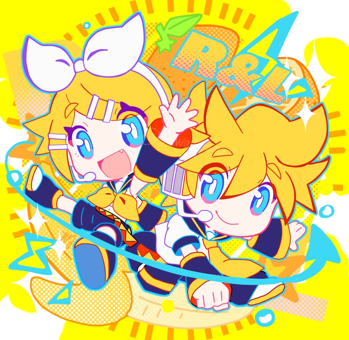 1boy 1girl :d arm_up banana bangs black_shorts blonde_hair blue_eyes bow bright_pupils chibi clenched_hand closed_mouth detached_sleeves eyes_visible_through_hair fang food fruit hair_bow headset kagamine_len kagamine_rin looking_at_viewer microphone neckerchief necktie open_mouth orange_(fruit) parted_bangs shirt short_hair shorts sleeveless sleeveless_shirt smile sowao. spiky_hair vocaloid white_bow white_pupils white_shirt yellow_background yellow_neckerchief yellow_necktie yellow_theme