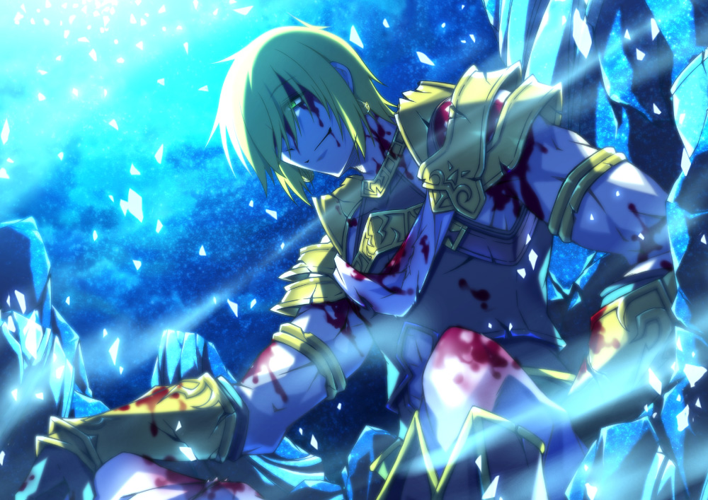 1boy armor black_(artist) blonde_hair blood blood_from_mouth blood_on_face dying earrings fate/grand_order fate_(series) green_eyes hand_on_own_knee injury jason_(fate) jewelry male_focus official_art shards shoulder_armor smile