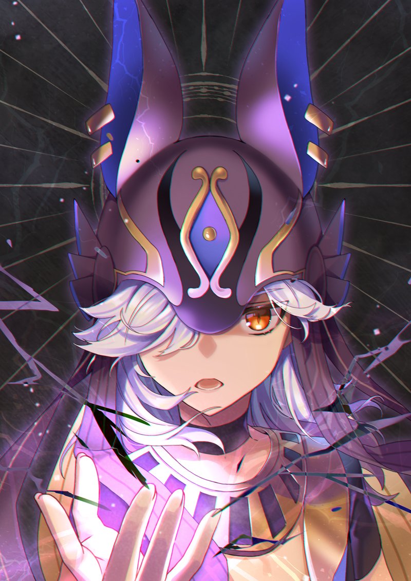 1boy animal_ears animal_hat bangs black_choker black_headwear black_ribbon choker commentary_request cyno_(genshin_impact) dark-skinned_male dark_skin earrings electricity energy eyelashes genshin_impact glowing gold_trim grey_background hair_over_one_eye hand_up hat jackal_ears jewelry long_hair looking_at_viewer male_focus necklace one_eye_covered open_mouth parted_bangs red_eyes ribbon rin_gotarou short_sleeves sidelocks solo swept_bangs upper_body white_hair