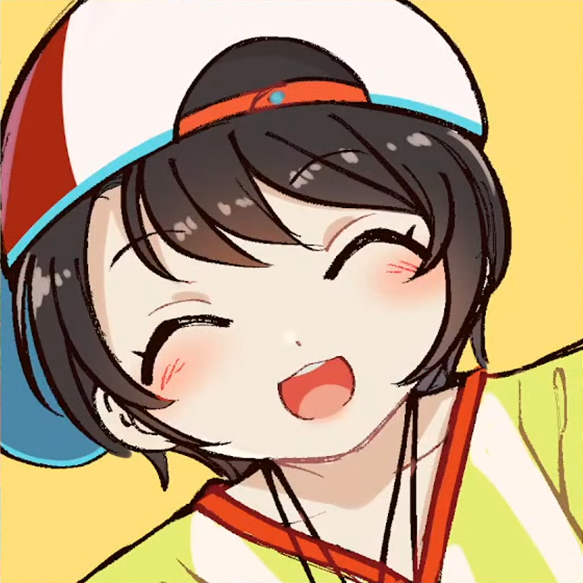 1girl :d backwards_hat bangs baseball_cap black_hair blush brown_hair closed_eyes hat hololive loose_clothes loose_shirt nanashi_mumei_(artist) oozora_subaru oversized_clothes oversized_shirt red_headwear shirt short_hair smile striped striped_shirt swept_bangs teeth two-tone_headwear upper_teeth vertical-striped_shirt vertical_stripes virtual_youtuber white_headwear white_shirt yellow_background yellow_shirt