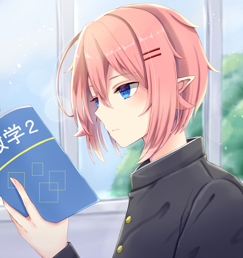 1boy bishounen blue_eyes book gakuran hair_between_eyes hair_ornament hairclip holding holding_book kaneshiro_matoi long_sleeves male_focus manana_(matoi1111) open_book original pink_hair pointy_ears school_uniform short_hair solo upper_body window