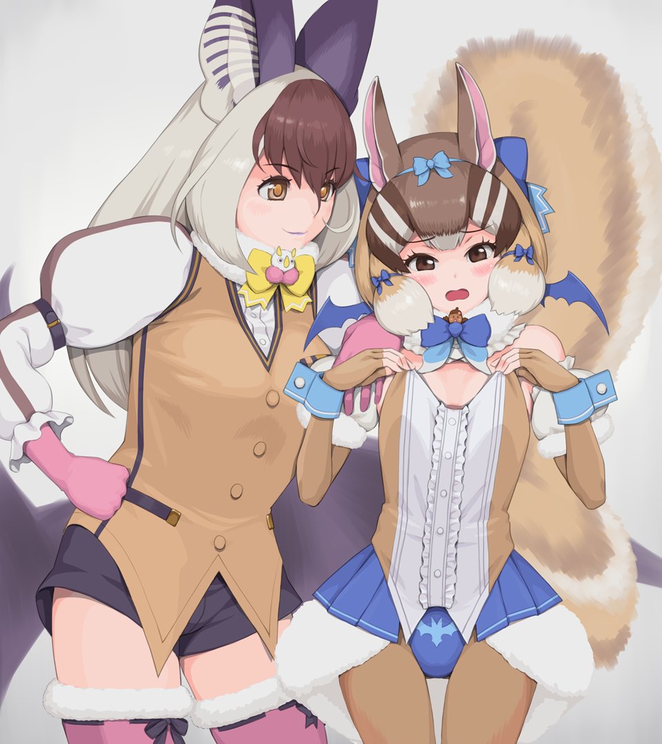 2girls animal_costume animal_ear_fluff animal_ears bat_wings bow bowtie brown_eyes brown_hair brown_long-eared_bat_(kemono_friends) extra_ears gloves grey_hair kemono_friends kemono_friends_v_project kneehighs kuroi_ani leotard long_hair multicolored_hair multiple_girls pantyhose ribbon scarf shirt short_hair shorts siberian_chipmunk_(kemono_friends) skirt socks tail virtual_youtuber wings