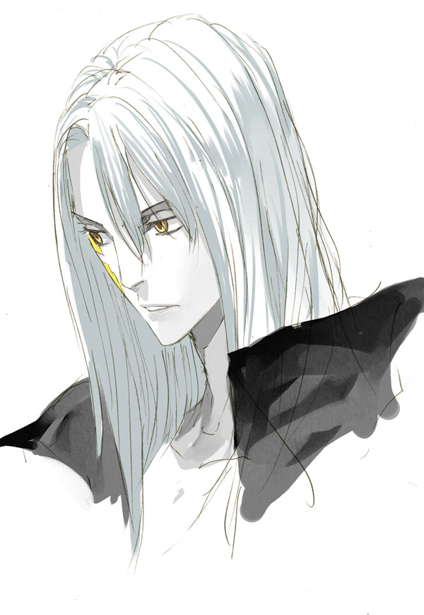 1boy character_request commentary_request copyright_request graphite_(medium) grey_hair long_hair looking_to_the_side male_focus mixed_media pako_(pakosun) pale_skin parted_lips sketch solo traditional_media watercolor_effect yellow_eyes