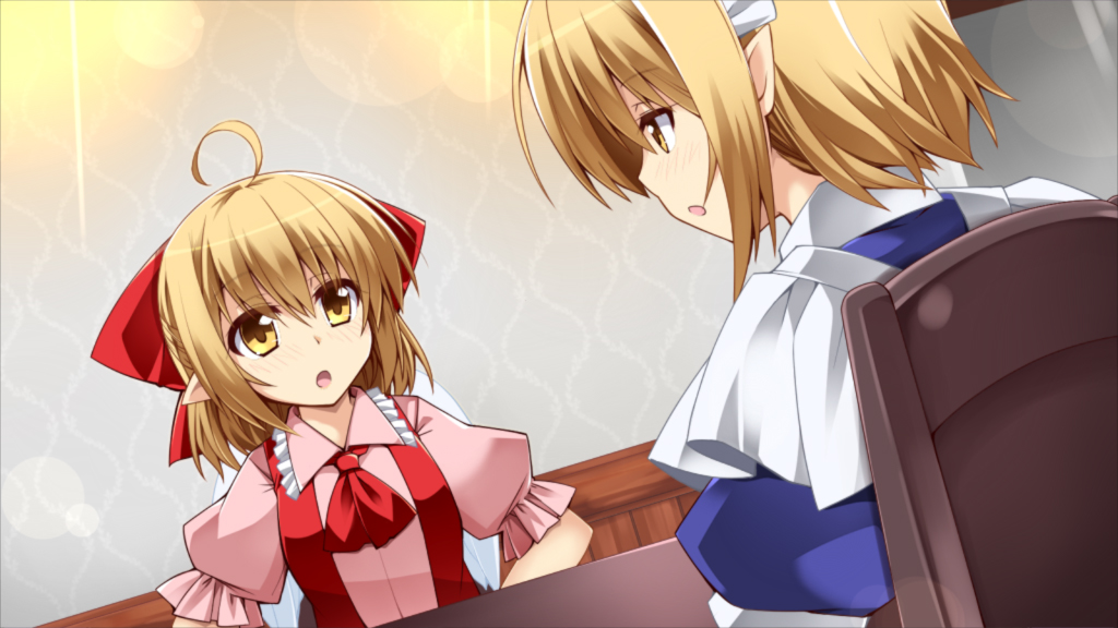 2girls :o ahoge ascot bangs blonde_hair blue_dress bow collared_dress collared_shirt dress frilled_shirt_collar frilled_sleeves frills gengetsu_(touhou) hair_bow hemogurobin_a1c maid maid_headdress mugetsu_(touhou) multiple_girls open_clothes open_mouth open_vest pink_shirt pointy_ears puffy_short_sleeves puffy_sleeves red_ascot red_bow red_vest shirt short_hair short_sleeves siblings sisters sitting touhou touhou_(pc-98) vest yellow_eyes