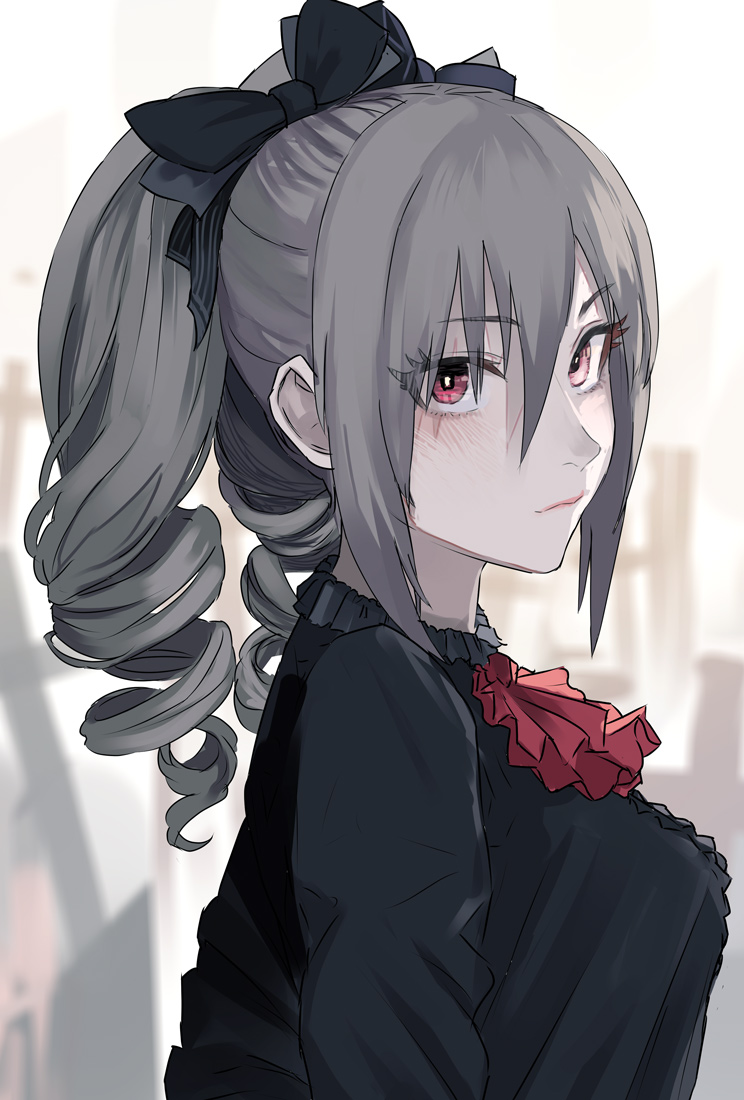 1girl ascot black_dress blush bow bright_pupils dress drill from_side gothic_lolita hair_between_eyes hair_bow idolmaster idolmaster_cinderella_girls kanzaki_ranko lolita_fashion looking_at_viewer looking_to_the_side red_ascot red_eyes sawarakajin solo twintails upper_body