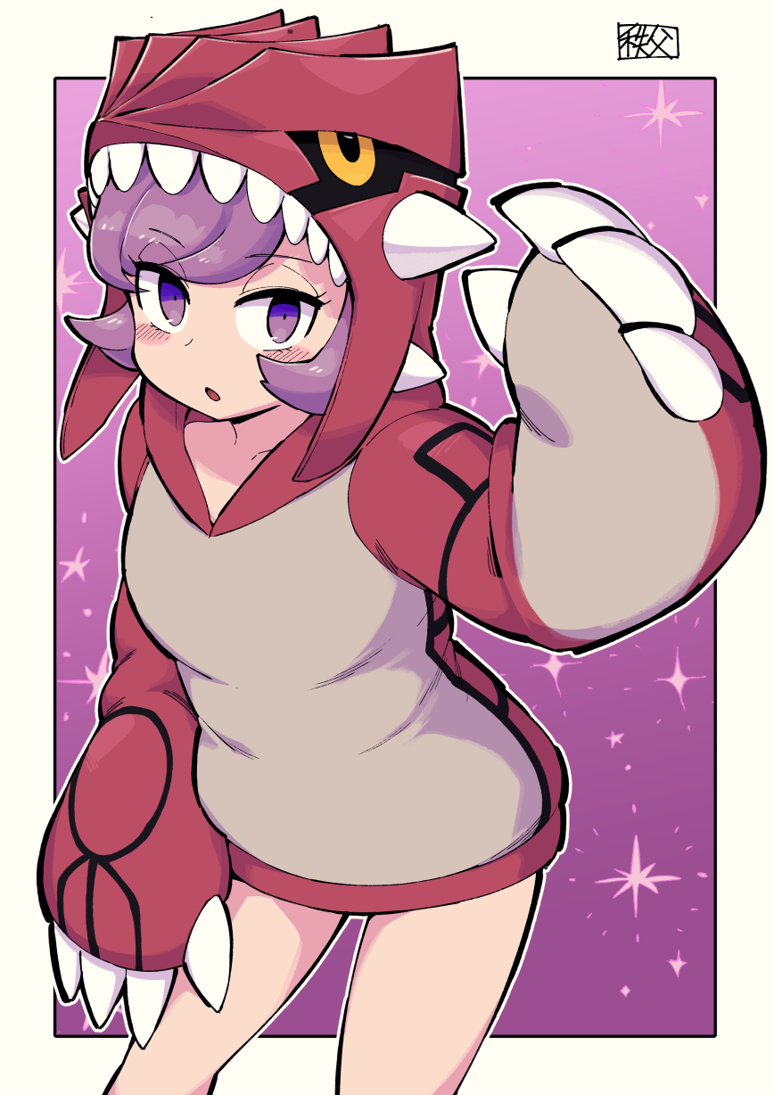 1girl blush chichibu_(watson) claws cosplay courtney_(pokemon) groudon groudon_(cosplay) highres hood hoodie no_pants pokemon pokemon_(game) pokemon_oras purple_hair short_hair signature solo two-tone_background violet_eyes