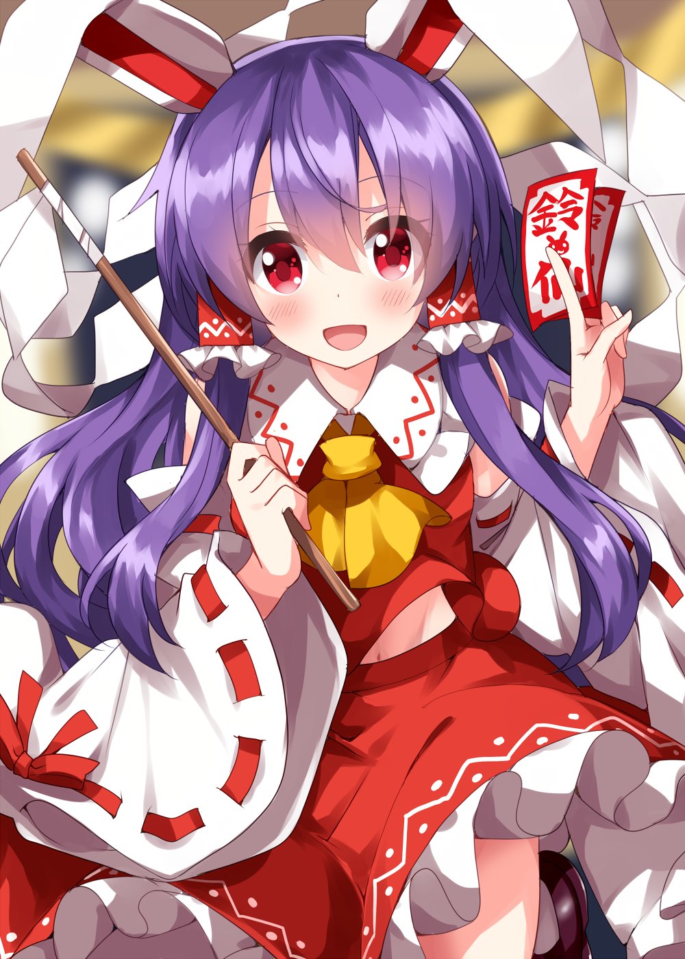 1girl animal_ears ascot bangs bare_shoulders between_fingers blurry blurry_background blush breasts brown_footwear collared_shirt commentary_request cosplay detached_sleeves frills gohei grey_socks hair_between_eyes hair_ornament hair_tubes hakurei_reimu hakurei_reimu_(cosplay) hands_up highres jumping long_hair long_sleeves looking_at_viewer medium_breasts ofuda one-hour_drawing_challenge open_mouth purple_hair rabbit_ears red_eyes red_shirt red_skirt reisen_udongein_inaba ruu_(tksymkw) shirt shoes sidelocks skirt skirt_set smile socks solo touhou wide_sleeves yellow_ascot