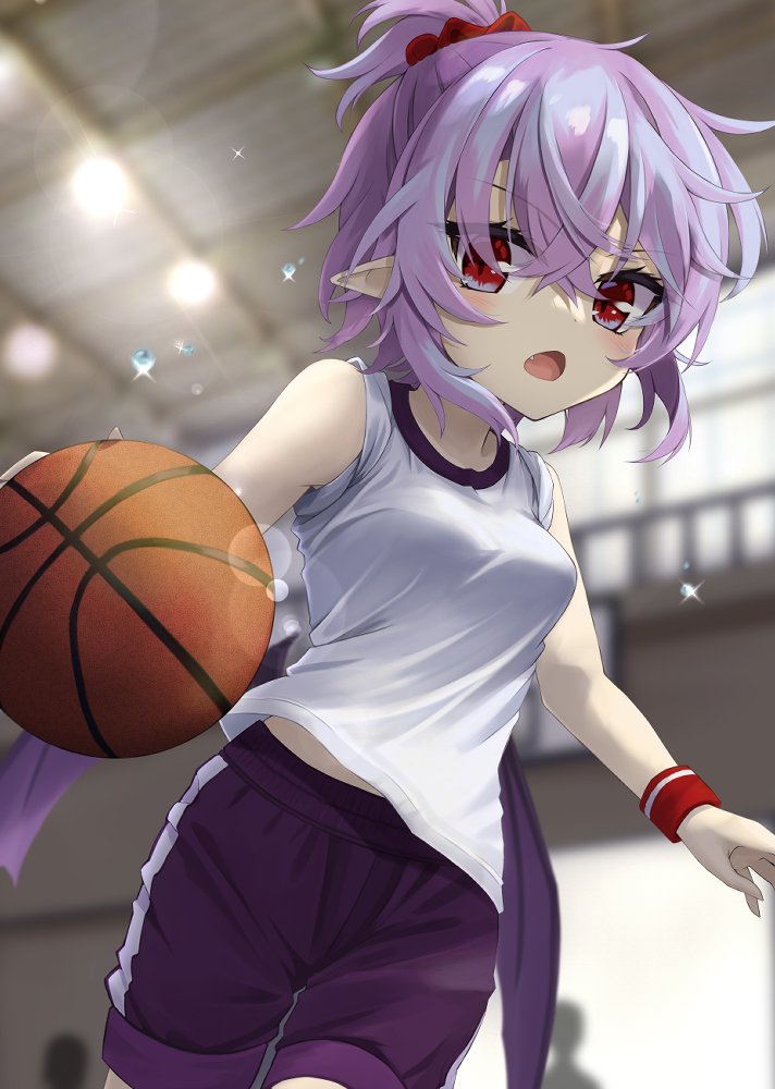 1girl akisome_hatsuka alternate_costume alternate_hairstyle basketball bat_wings black_shorts blurry blurry_background breasts fang hair_bobbles hair_ornament indoors looking_at_viewer medium_breasts open_mouth pointy_ears ponytail purple_hair red_eyes remilia_scarlet shirt short_hair short_sleeves shorts solo touhou white_shirt wings wristband