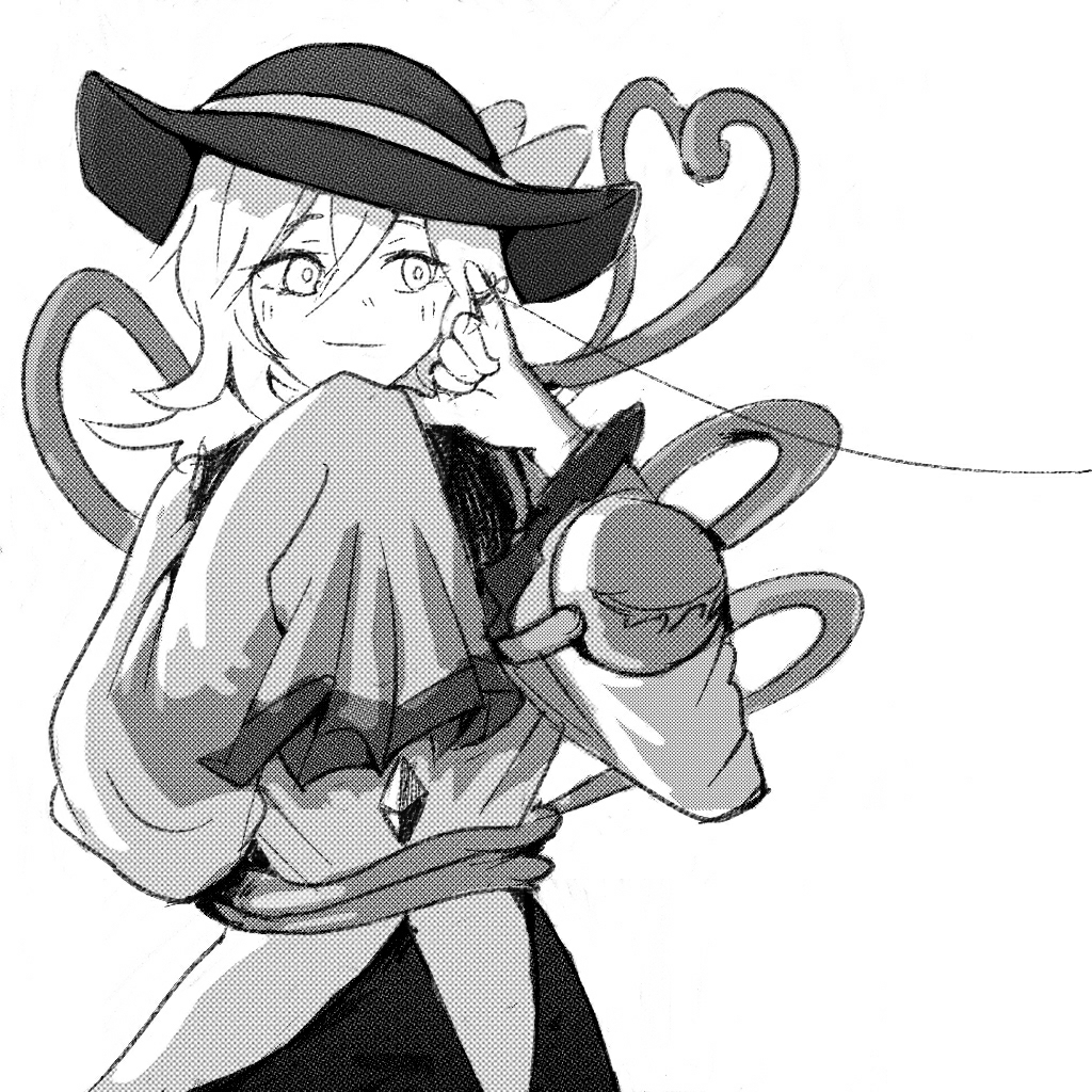 1girl blouse blush bow buttons chinese_commentary closed_mouth commentary cowboy_shot diamond_button greyscale hair_between_eyes hands_up hat hat_bow heart heart_of_string komeiji_koishi long_sleeves looking_to_the_side medium_hair monochrome shirt sideways_glance skirt sleeves_past_fingers sleeves_past_wrists smile solo string string_around_finger string_of_fate third_eye touhou wide_sleeves xierweng
