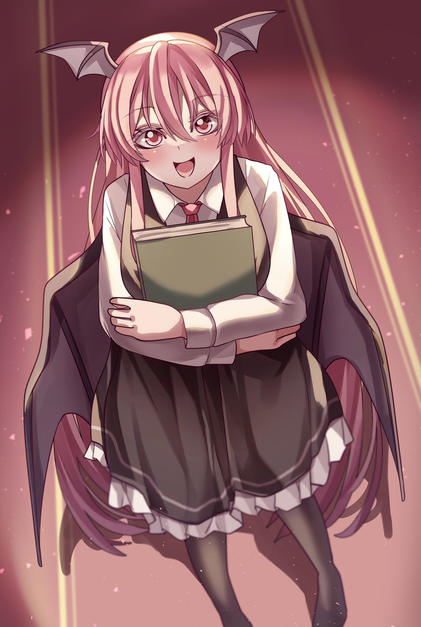 1girl :d bat_wings blush book from_above happy head_wings highres koakuma long_hair looking_at_viewer maboroshi_mochi necktie open_mouth pantyhose redhead skirt smile solo standing touhou very_long_hair wings
