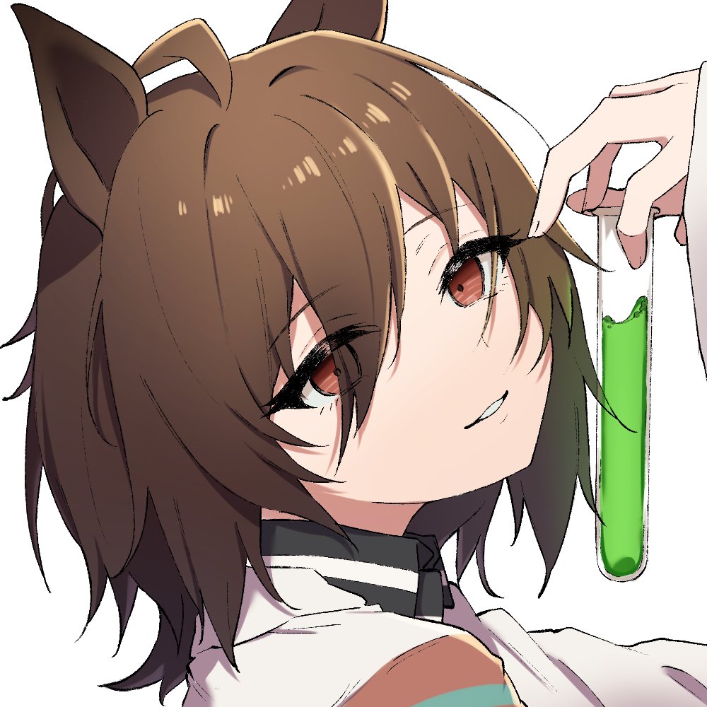 1girl agnes_tachyon_(umamusume) ahoge animal_ears brown_eyes brown_hair eyelashes eyes_visible_through_hair hair_between_eyes hair_strand horse_ears horse_girl labcoat light_smile looking_at_viewer luca_(luca_0520) messy_hair short_hair solo test_tube umamusume