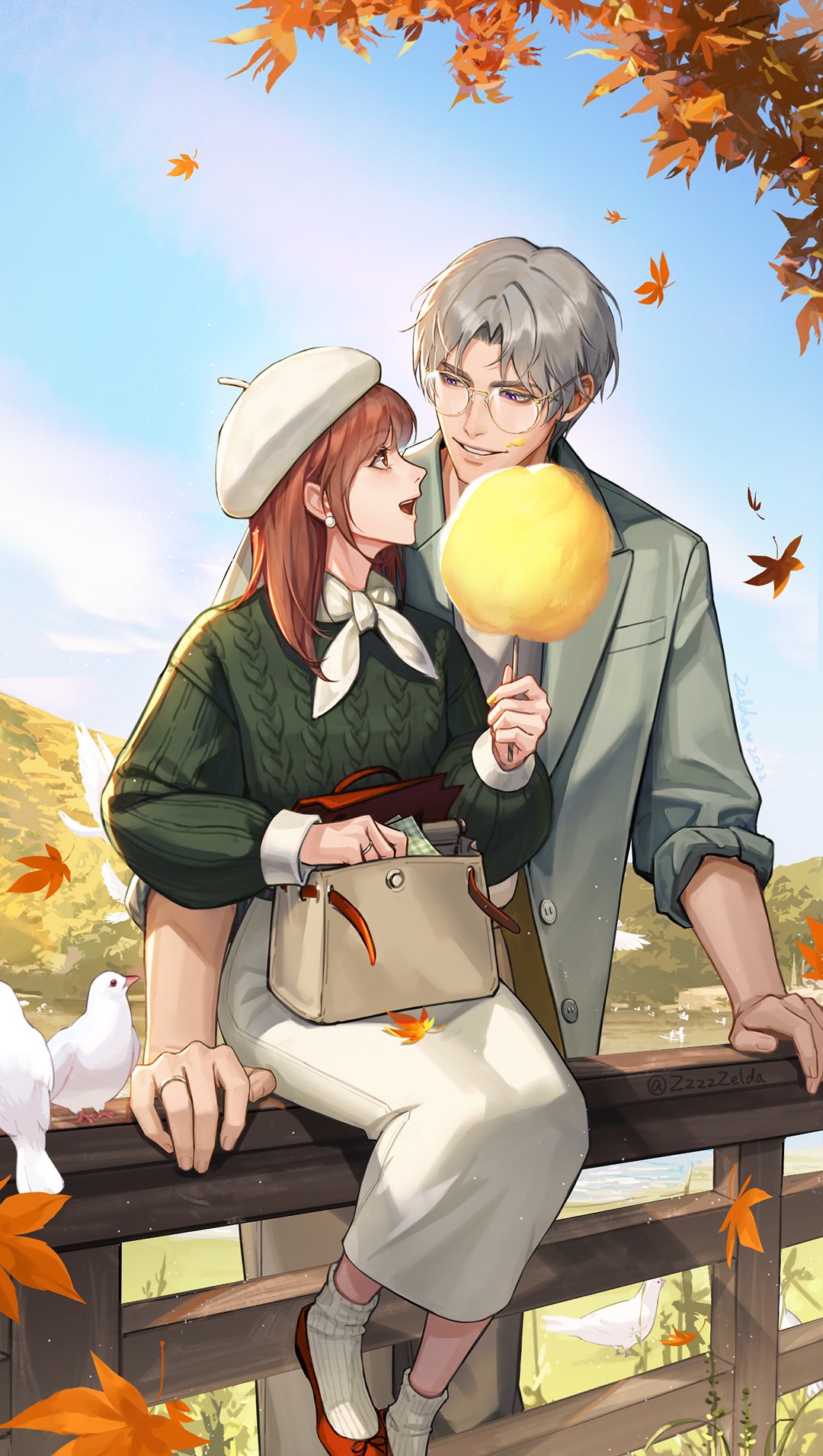 1boy 1girl :d animal aran_sweater autumn_leaves bag beret bird blue_sky brown_eyes brown_hair brown_pants charlie_su clouds commentary_request cotton_candy day food food_on_face glass green_sweater grey_hair grey_jacket handbag hat highres holding holding_food jacket leaf light_and_night_love long_skirt maple_leaf open_clothes open_jacket outdoors pants protagonist_(light_and_night_love) railing red_footwear ribbed_socks round_eyewear shirt shoes sitting_on_railing skirt sky smile socks sweater thick_eyebrows violet_eyes white_headwear white_shirt white_skirt white_socks zzzzzelda