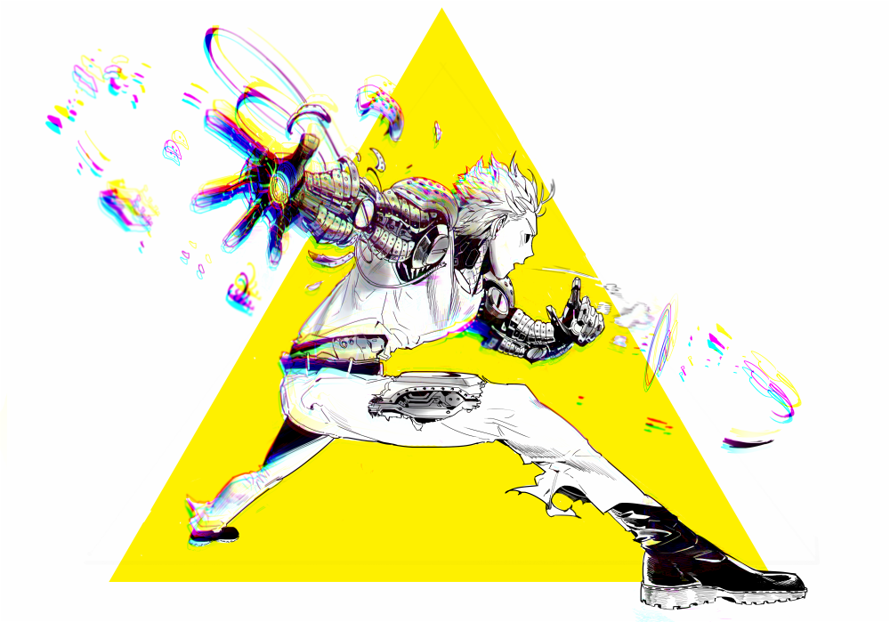 1boy belt black_eyes chromatic_aberration genos hood hoodie mechanical_arms monochrome one-punch_man open_mouth r8 short_hair simple_background solo torn_clothes triangle white_background