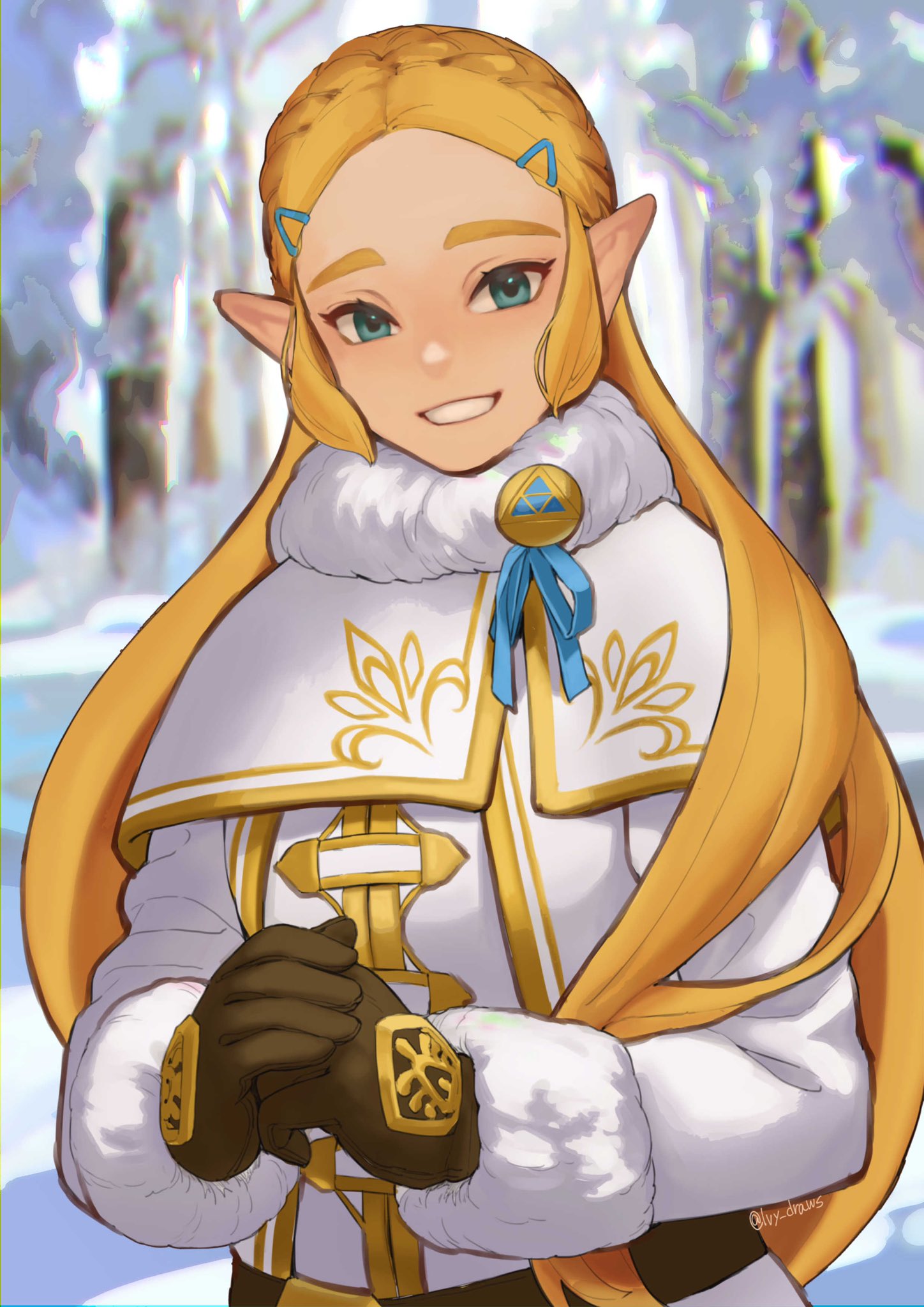 alternate_costume artist_name bangs blonde_hair brown_gloves capelet coat forest fur_collar gloves green_eyes green_ribbon grin hair_ornament hairclip highres ivy_(sena0119) long_hair long_sleeves nature outdoors own_hands_together pointy_ears princess_zelda ribbon smile snow solo teeth the_legend_of_zelda tree upper_body white_capelet white_coat winter_clothes winter_coat