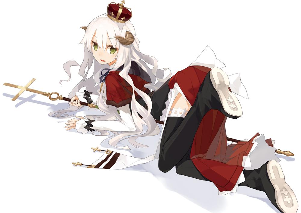 boots commentary_request cross crown dress gradient gradient_background green_eyes harapeko_(886011) horns long_hair looking_at_viewer on_floor open_mouth original red_dress sheep_horns simple_background staff tripped white_background white_hair