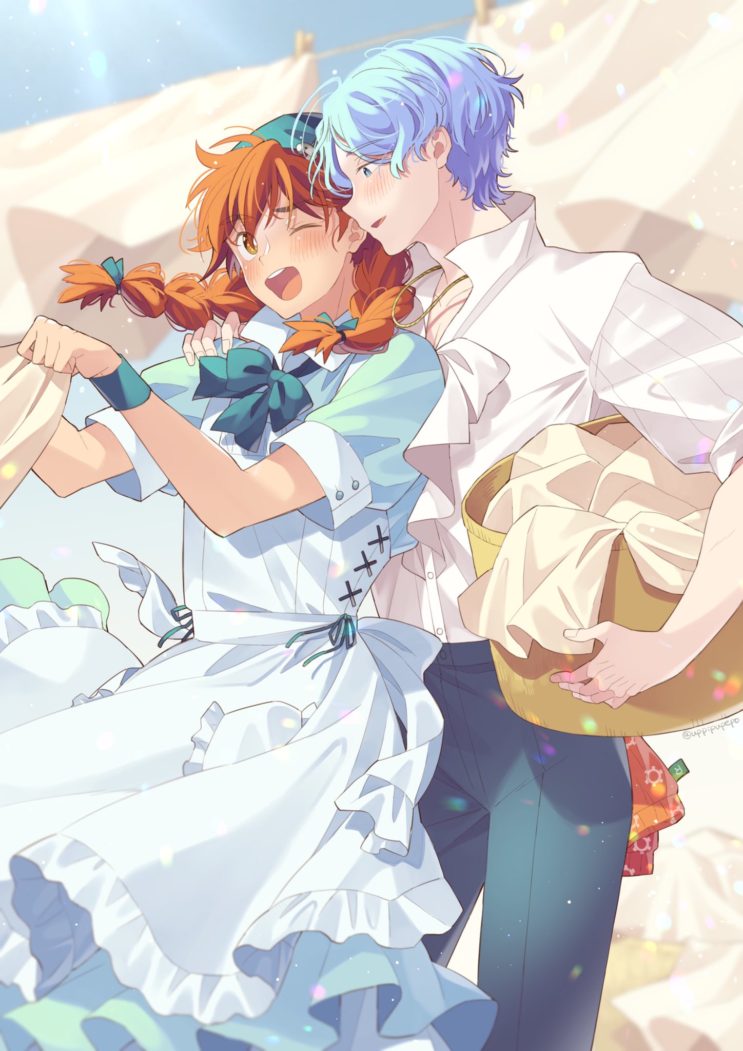 2boys blue_bow blue_bowtie blue_eyes blue_hair blue_pants blush bow bowtie bucket dress genderswap genderswap_(mtf) hasegawa_langa highres kyan_reki maid male_focus multiple_boys one_eye_closed open_mouth orange_eyes pants redhead shirt short_hair sk8_the_infinity skirt smile uppi white_shirt