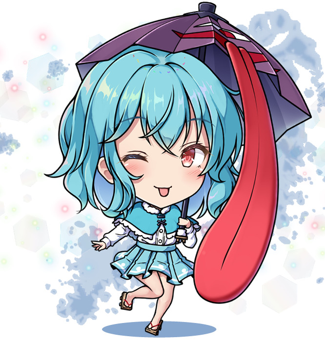 1girl ;) aka_tawashi blue_capelet blue_hair blue_skirt brown_footwear capelet chibi full_body geta holding holding_umbrella karakasa_obake long_sleeves looking_at_viewer one_eye_closed purple_umbrella red_eyes shirt short_hair skirt smile solo tatara_kogasa tongue tongue_out touhou umbrella white_background white_shirt wild_and_horned_hermit