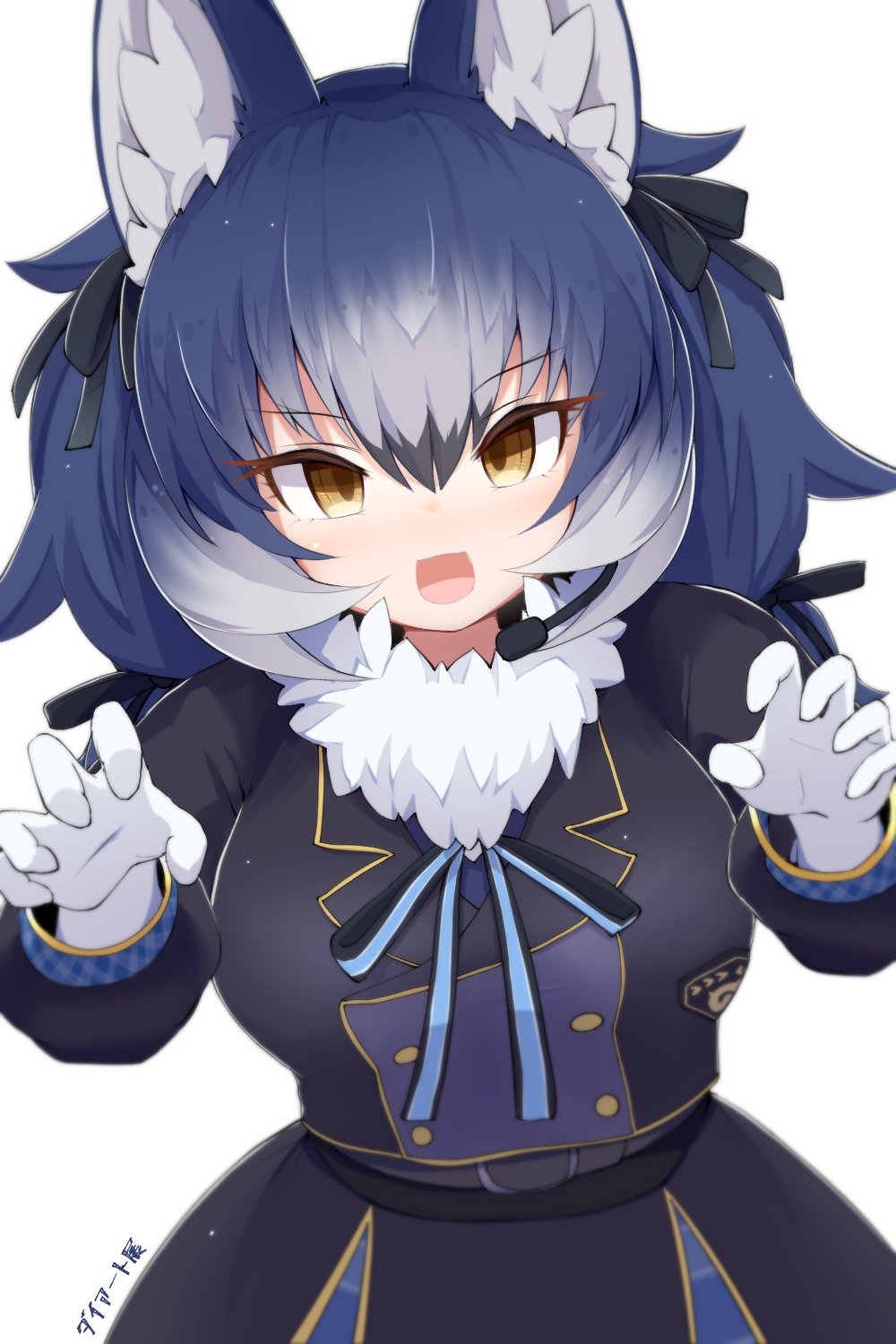 1girl animal_costume animal_ear_fluff animal_ears blazer blue_hair dire_wolf_(kemono_friends) extra_ears gloves grey_eyes highres jacket karekusa_meronu kemono_friends kemono_friends_v_project long_hair microphone open_mouth ribbon scarf simple_background skirt smile solo twintails virtual_youtuber wolf_ears wolf_girl