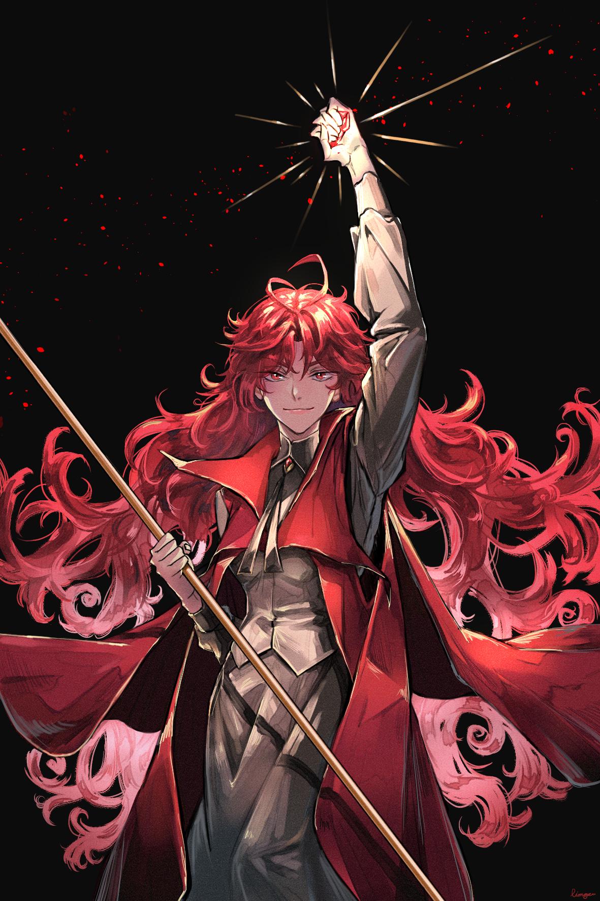 1girl arm_up black_background dark_background dated_commentary gem highres holding holding_gem holding_polearm holding_weapon korean_commentary limlimg3u long_hair looking_at_viewer lout_of_count's_family polearm red_eyes red_gemstone redhead robe rosalyn_(lout_of_count's_family) shiny smile solo weapon