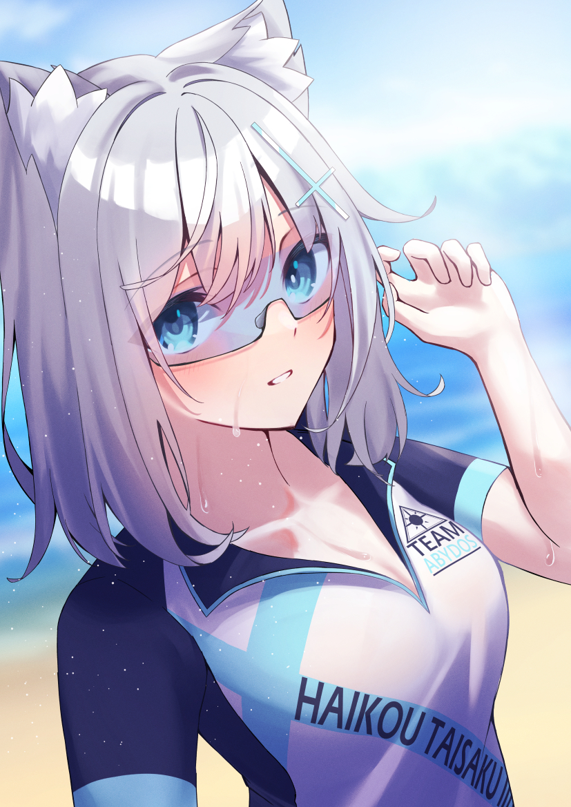 1girl animal_ear_fluff animal_ears blue_archive blue_eyes blush collarbone cross_hair_ornament cycling_uniform grey_hair hair_ornament jzcx2735 looking_at_viewer mismatched_pupils shiroko_(blue_archive) shiroko_(cycling)_(blue_archive) short_hair smile solo sunglasses sweat