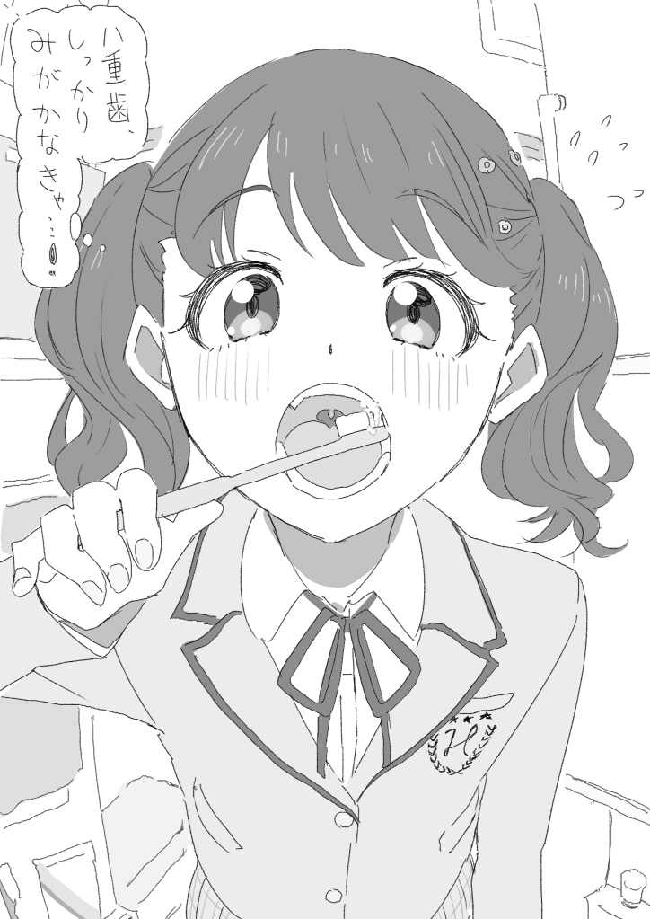 bangs blazer brushing_teeth commentary_request flower flying_sweatdrops fukumaru_koito greyscale hair_flower hair_ornament holding holding_toothbrush idolmaster idolmaster_shiny_colors jacket long_sleeves mitsuda_hajime monochrome neck_ribbon open_mouth ribbon school_uniform swept_bangs toothbrush toothbrush_in_mouth translation_request twintails