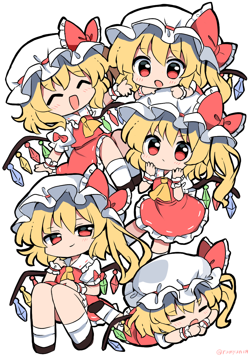 5girls :/ :d :o ^_^ ascot bangs blonde_hair bow clone closed_eyes closed_mouth crystal d: flandre_scarlet frilled_bow frills hat highres looking_at_viewer medium_hair mob_cap multiple_girls ramudia_(lamyun) red_bow red_eyes red_skirt red_vest shirt short_sleeves skirt skirt_set smile socks touhou vest white_headwear white_shirt wings wrist_cuffs yellow_ascot