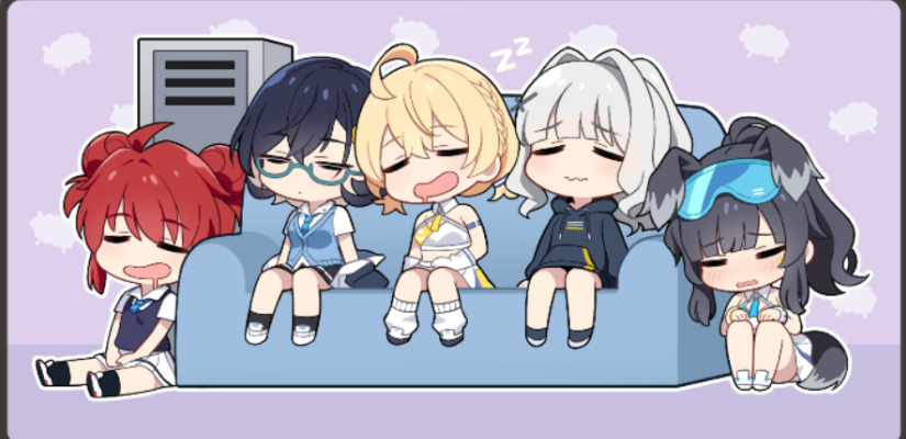 =_= ahoge animal_ears bangs black_hair black_hoodie blonde_hair blue-framed_eyewear blue_archive blue_cardigan blue_necktie blue_sweater_vest braid cardigan cheerleader chibi chihiro_(blue_archive) closed_eyes couch cross_hair_ornament dog_ears dog_girl double_bun drooling eyewear_on_head game_screenshot goggles goggles_on_head hair_bun hair_ornament hare_(blue_archive) hibiki_(blue_archive) hibiki_(cheerleader)_(blue_archive) hood hoodie kotori_(blue_archive) locker maki_(blue_archive) multiple_girls necktie official_art open_mouth pleated_skirt ponytail redhead semi-rimless_eyewear shirt side-by-side single_braid sitting skirt sleeping sleeping_upright sweater_vest swept_bangs third-party_source under-rim_eyewear wavy_mouth white_hair white_shirt white_skirt zzz