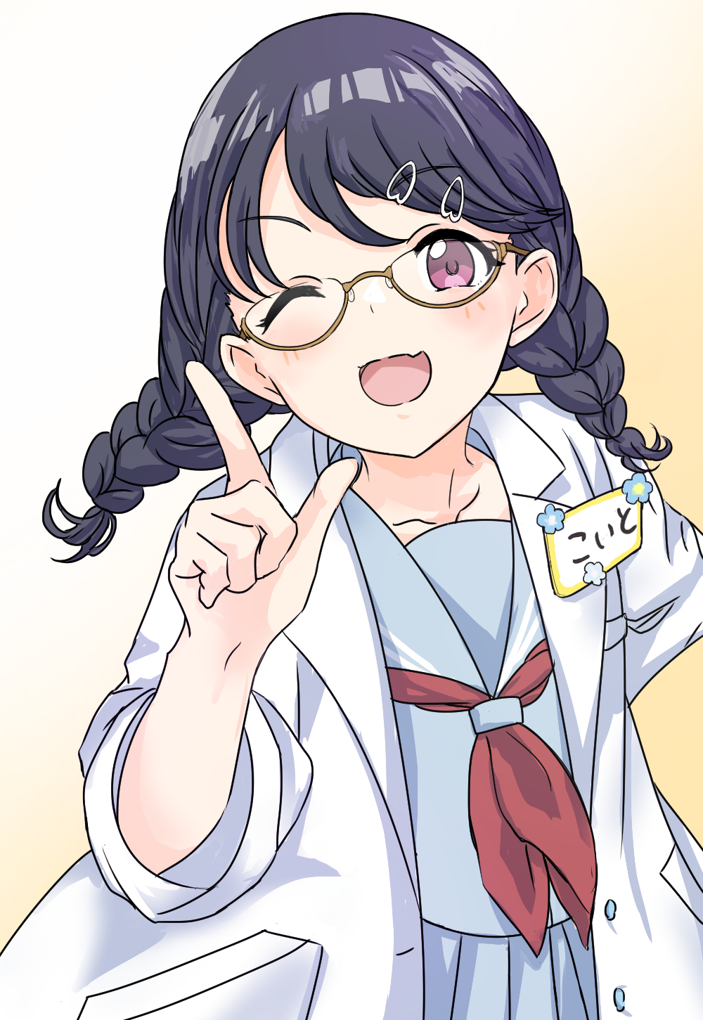 1girl artist_request black_hair braid commentary_request fang fukumaru_koito glasses gradient gradient_background hair_ornament hairclip highres idolmaster idolmaster_shiny_colors labcoat long_hair long_sleeves looking_at_viewer low_twin_braids name_tag neckerchief one_eye_closed pleated_skirt pointing sailor_collar school_uniform serafuku skin_fang skirt solo twin_braids violet_eyes