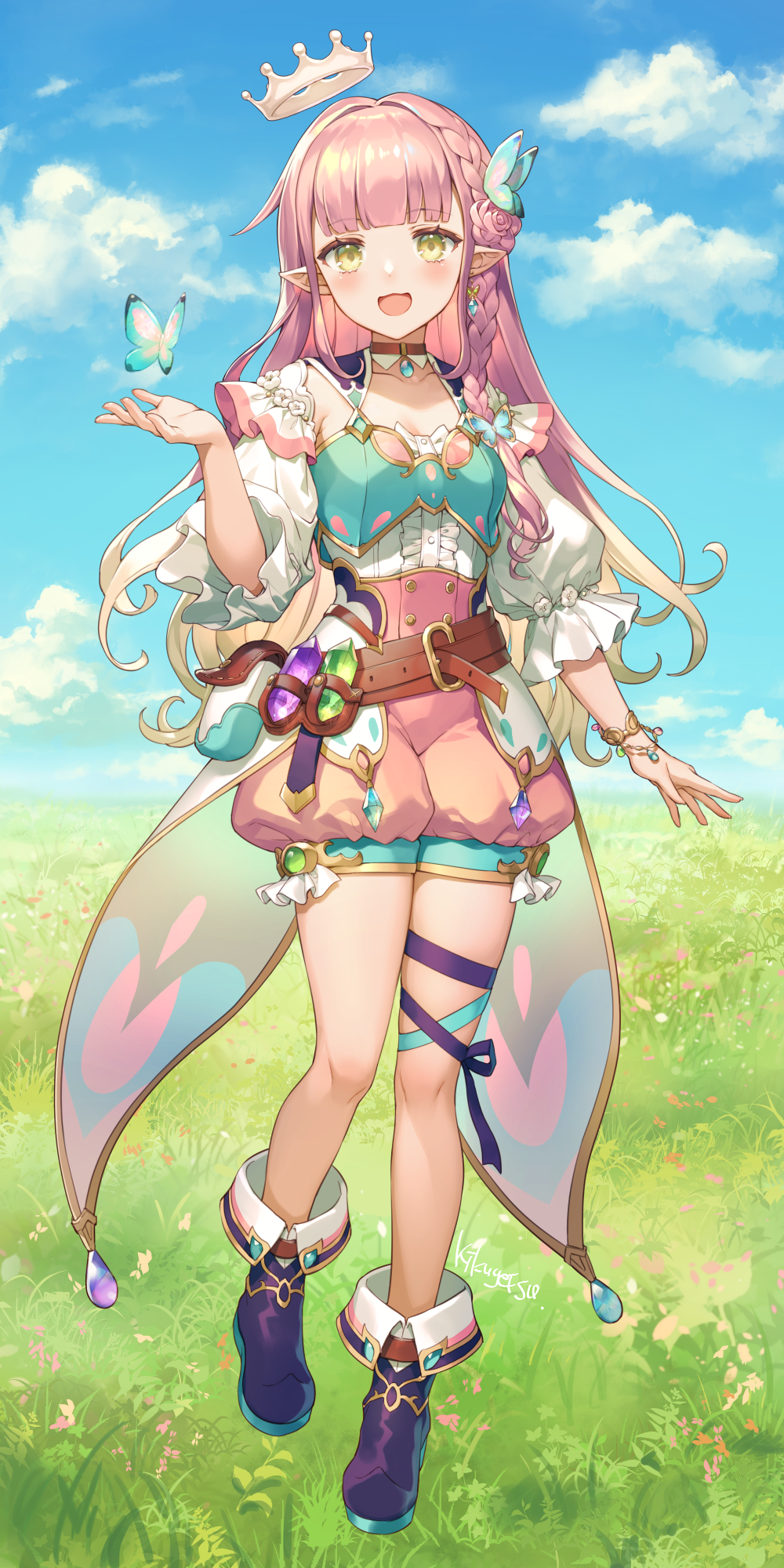 1girl ankle_boots arm_at_side bangs belt boots braid breasts brown_choker bug butterfly butterfly_hair_ornament character_request choker coattails floating_crown fold-over_boots full_body hair_ornament hand_up highres iriam kikugetsu leg_ribbon long_hair looking_at_viewer open_mouth pink_hair pointy_ears purple_footwear ribbon shorts side_braid small_breasts smile solo tefumu_chia thigh_ribbon virtual_youtuber yellow_eyes