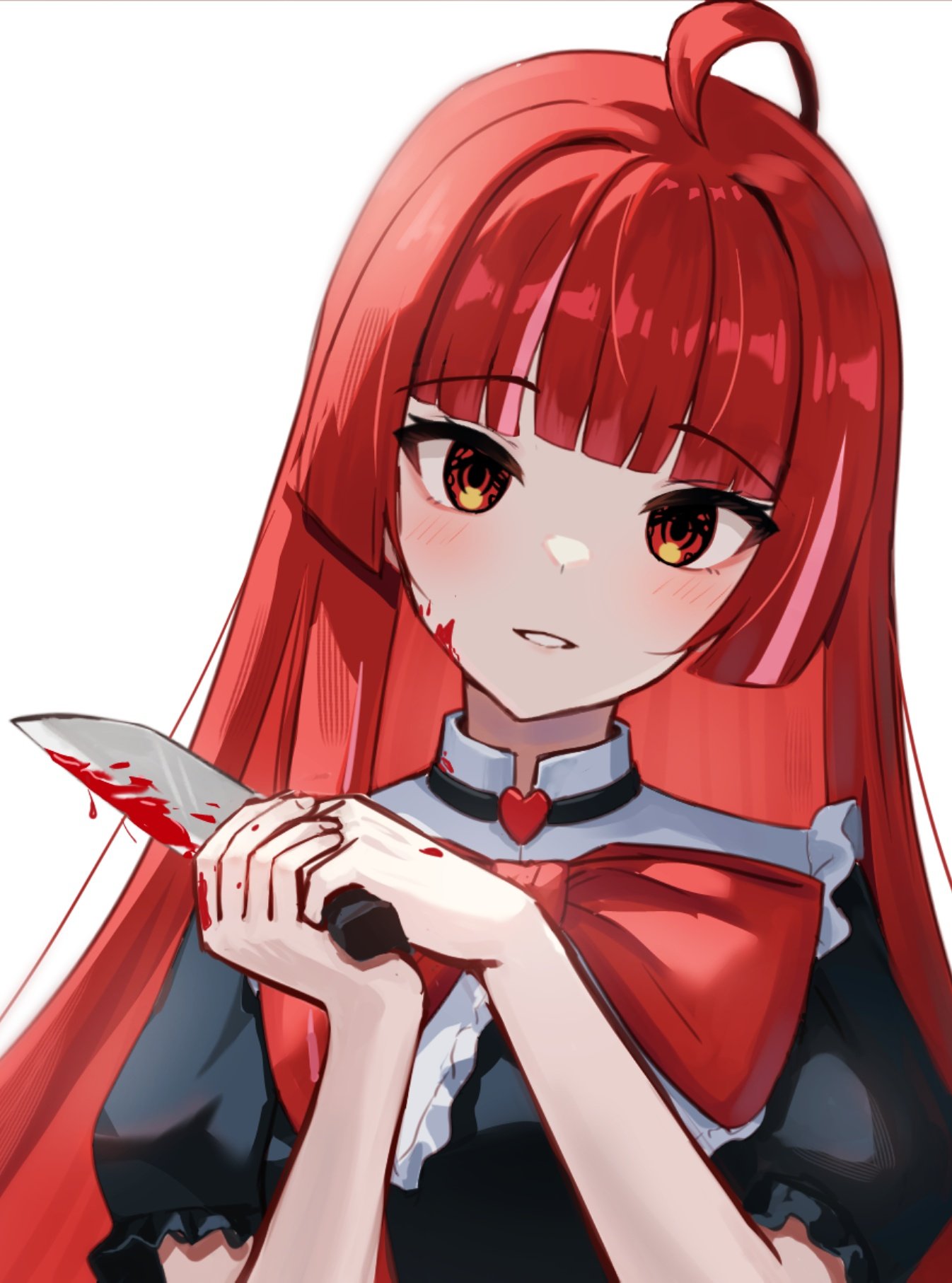 1girl bangs blood blood_on_face blush corniecorny highres holding holding_knife hololive hololive_indonesia knife kureiji_ollie long_hair looking_at_viewer open_mouth red_eyes smile virtual_youtuber
