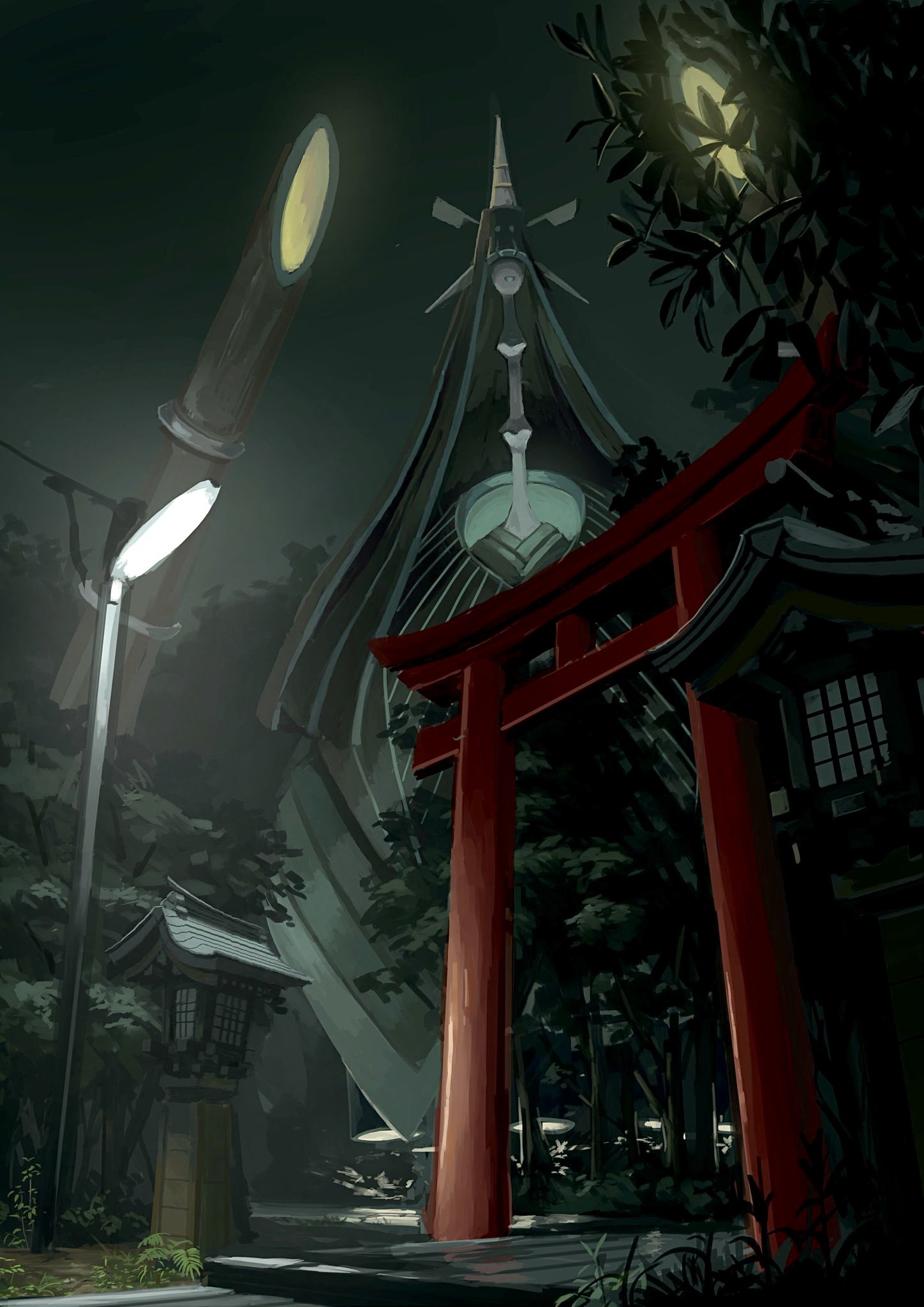 arch celesteela commentary highres king_joe_(neoroto) lamppost night no_humans outdoors plant pokemon pokemon_(creature) shrine sky solo tree