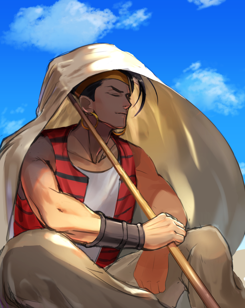 1boy at4190_(user_vzac7788) bare_shoulders black_hair blue_sky brown_pants cane closed_eyes closed_mouth clouds cloudy_sky dark-skinned_male dark_skin desert earrings egypt holding holding_cane jewelry jojo_no_kimyou_na_bouken n'doul outdoors pants red_vest shirt sitting sky smile solo stardust_crusaders vest white_shirt