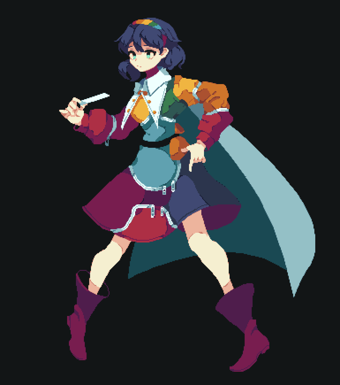 1girl 4qw5 black_background blue_cape blue_eyes blue_hair cape full_body highres long_sleeves multicolored_clothes multicolored_hairband patchwork_clothes pixel_art purple_footwear short_hair simple_background solo tenkyuu_chimata touhou