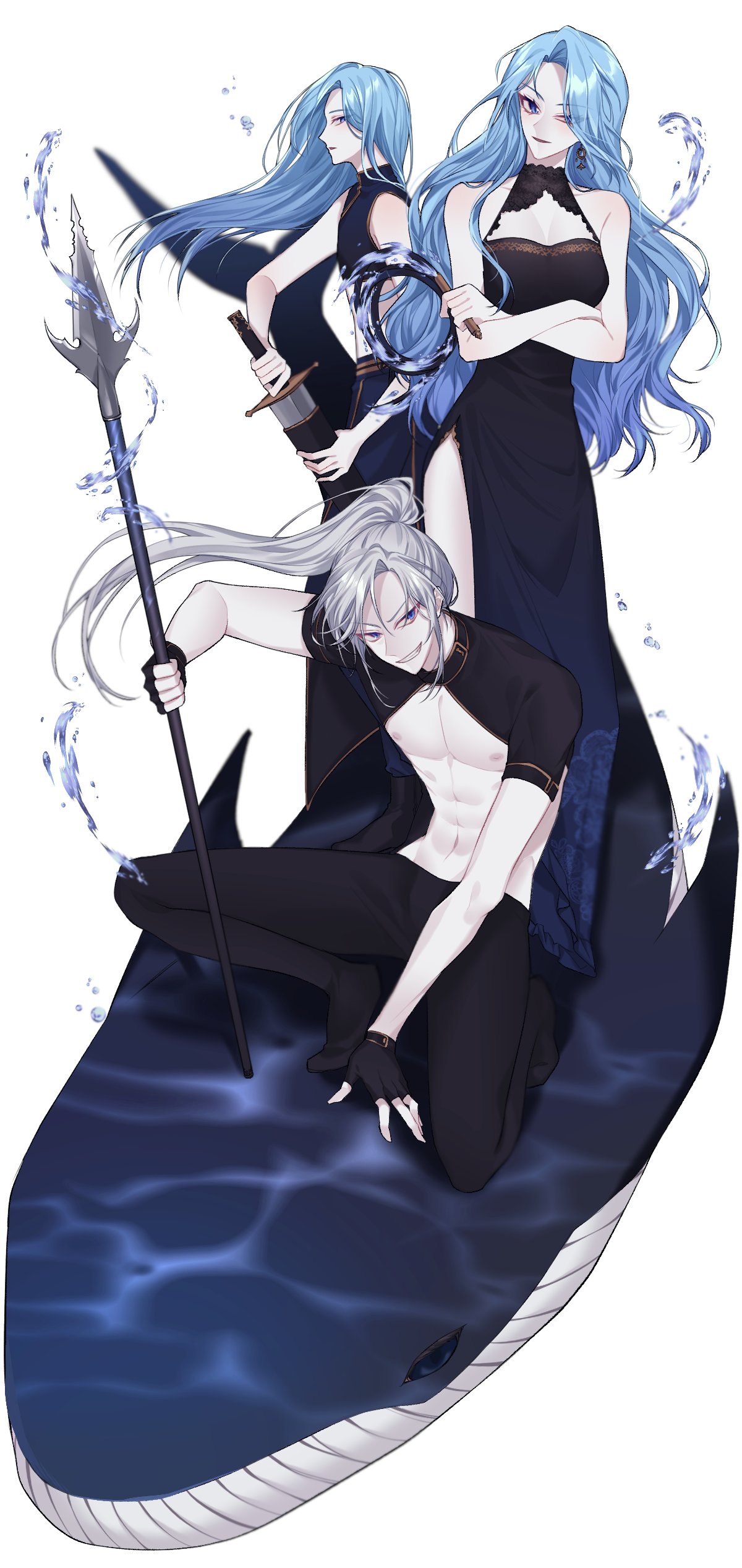 1girl 2boys 99ghxst abs absurdres archie_(lout_of_count's_family) black_dress blue_eyes blue_hair breasts brother_and_sister dress earrings grey_hair grin highres holding holding_polearm holding_weapon holding_whip hydrokinesis jewelry korean_commentary lout_of_count's_family medium_breasts multiple_boys navel paseton(lout_of_count's_family) polearm ponytail sheath siblings sleeveless smile spear sword toned toned_male unsheathing water weapon whale white_background witira_(lout_of_count's_family)