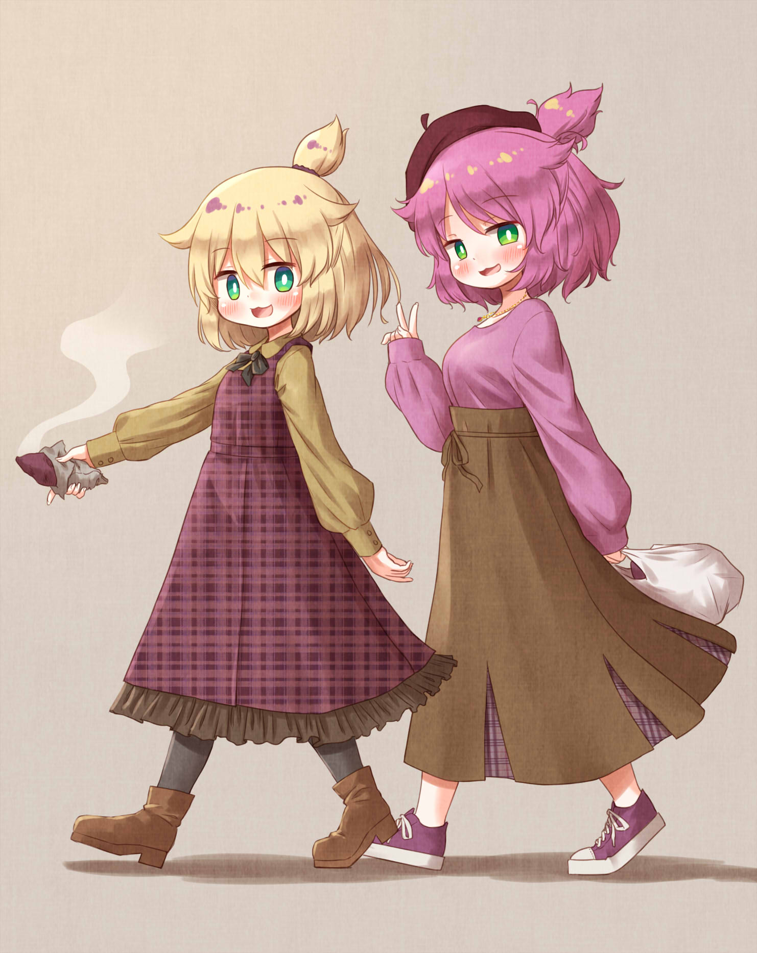 2girls :d arinu bag benimo-chan beret blonde_hair bright_pupils brown_background brown_dress brown_footwear brown_headwear dress food from_side full_body green_eyes hat highres holding holding_bag holding_food long_sleeves looking_at_viewer multiple_girls one_side_up open_mouth original pink_hair pink_shirt plaid plaid_dress purple_footwear red_dress shirt simple_background smile sweet_potato v walking white_pupils yakiimo-chan yellow_shirt
