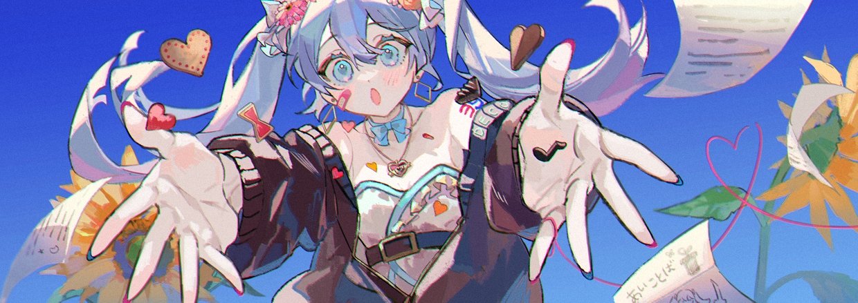 1girl :o ai_kotoba_iii_(vocaloid) belt black_cardigan blue_background blue_bow blue_choker blue_eyes blue_hair bow bow_choker cardigan choker flower hair_flower hair_ornament hatsune_miku heart heart_of_string looking_at_viewer lunar_(lunar_815) paper pink_flower shirt simple_background solo strapless strapless_shirt sunflower twintails upper_body vocaloid