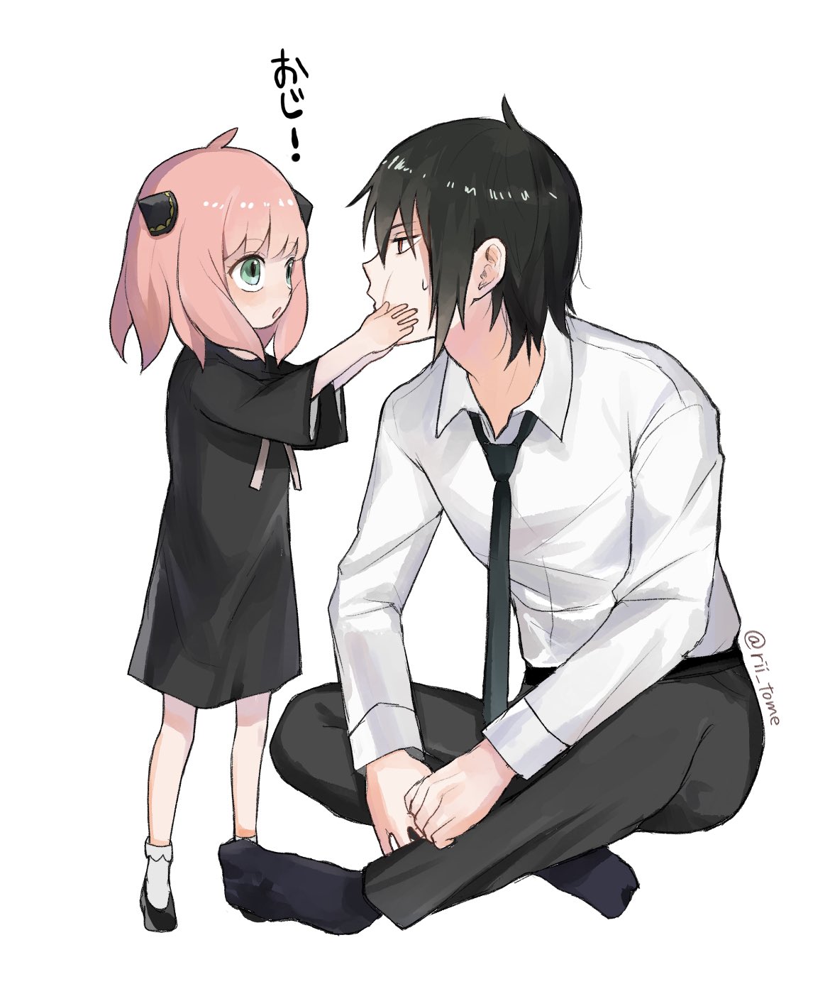 1boy 1girl ahoge anya_(spy_x_family) artist_name bangs black_dress black_footwear black_hair black_necktie blue_socks blush bow bowtie collared_shirt commentary_request dress full_body green_eyes grey_bow grey_bowtie grey_pants grey_socks hair_between_eyes hair_ornament hairpods hands_on_another's_face hands_up highres long_sleeves looking_at_another necktie no_shoes open_mouth pants pink_hair red_eyes rii_tome shirt shoes short_hair simple_background sitting socks spy_x_family standing translation_request uncle_and_niece v-shaped_eyebrows white_background white_shirt wide_sleeves yuri_briar