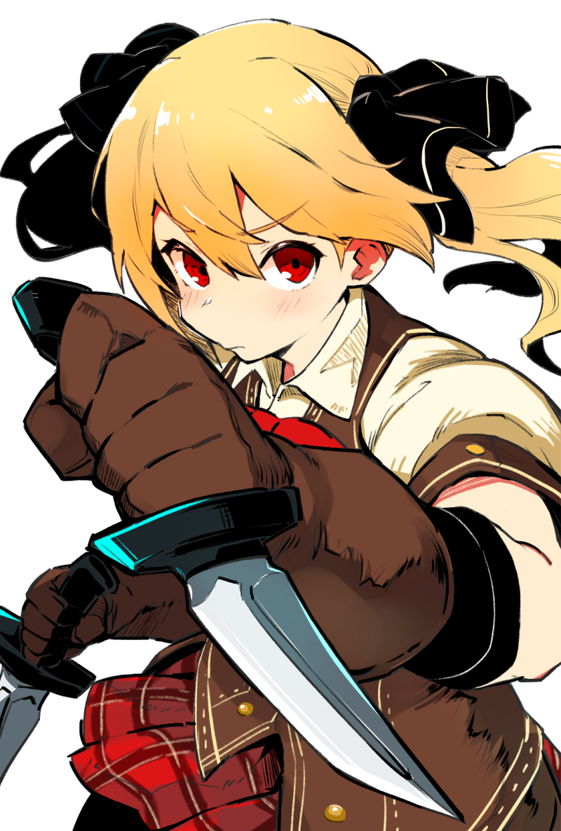 1girl bangs black_ribbon blonde_hair brown_gloves brown_vest closed_mouth collared_shirt dagger dual_wielding gloves hair_between_eyes hair_ribbon holding holding_dagger holding_weapon knife long_hair lorena_lumiere lorena_to_iseki_no_kuni miniskirt pleated_skirt red_eyes red_skirt ribbon shirt short_sleeves simple_background skirt solo twintails v-shaped_eyebrows vest weapon white_background youhei_64d