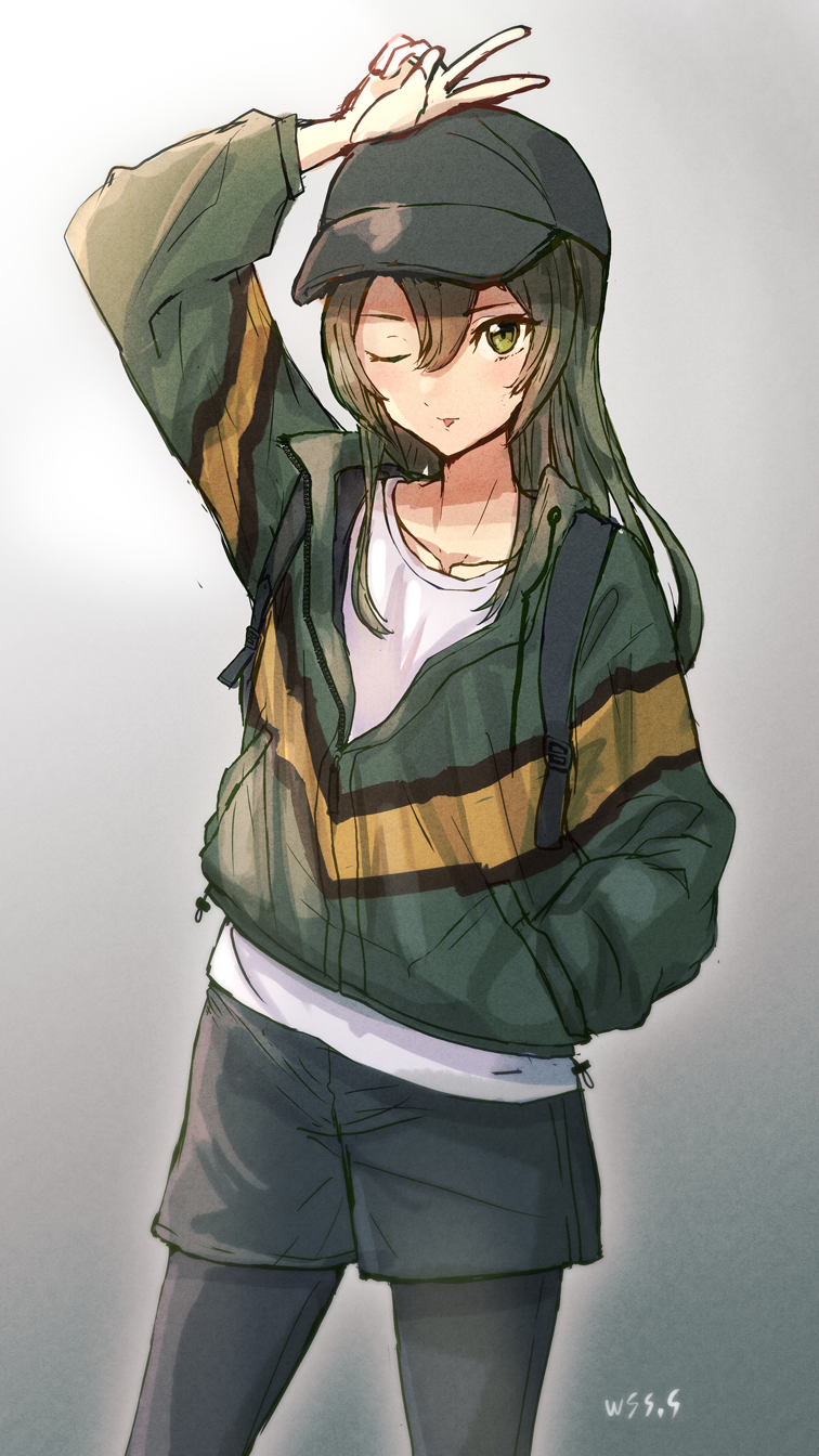 1girl artist_name baseball_cap black_headwear black_pantyhose black_shorts collarbone green_eyes green_hair green_jacket hair_between_eyes hat highres jacket kantai_collection long_hair long_sleeves official_alternate_costume official_alternate_hairstyle one_eye_closed pantyhose shirt shorts signature solo v white_shirt wss_(nicoseiga19993411) zuikaku_(kancolle)