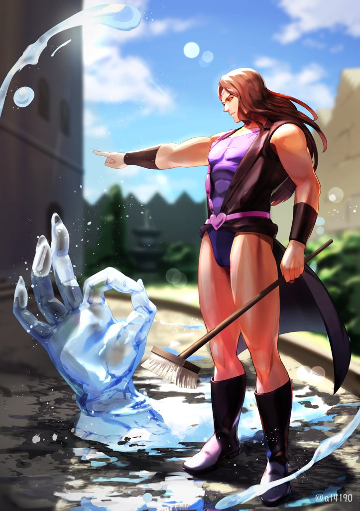 1girl at4190_(user_vzac7788) bangs black_footwear black_jacket blue_sky blurry blurry_background boots brown_hair closed_mouth clouds cloudy_sky geb_(stand) holding jacket jojo_no_kimyou_na_bouken leotard long_hair muscular muscular_male ok_sign outdoors pointing purple_leotard sky sleeveless solo stand_(jojo) standing stardust_crusaders vanilla_ice violet_eyes water