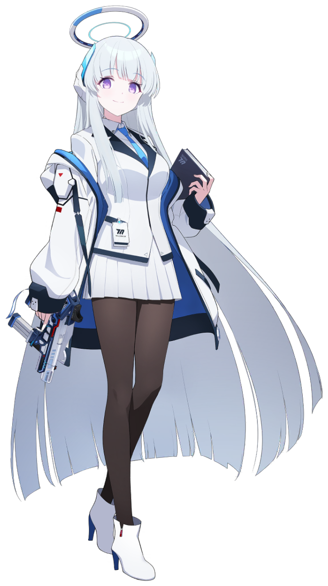 1girl blue_archive book boots full_body grey_hair gun halo handgun headphones highres id_card jacket long_hair looking_at_viewer mechanical_halo noa_(blue_archive) official_art pantyhose smile solo standing transparent_background uniform very_long_hair violet_eyes weapon