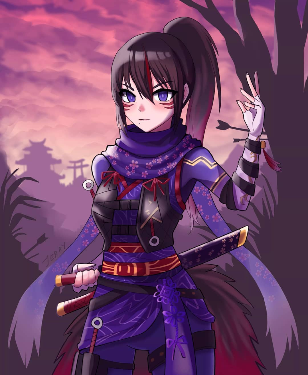 alluring black_and_red_and_purple_hair cute highres insanely_hot kunimitsu_ii kunoichi namco outdoors sunset tekken violet_eyes