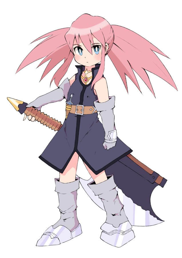 1girl axe belt blue_eyes boots closed_mouth elbow_gloves full_body gloves holding holding_axe long_hair looking_at_viewer miyata_(lhr) pink_hair presea_combatir simple_background solo tales_of_(series) tales_of_symphonia twintails weapon white_background